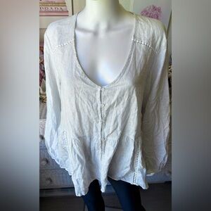 Calligraphie Top linen Button Up blue pinstripes on white Size XL NWT